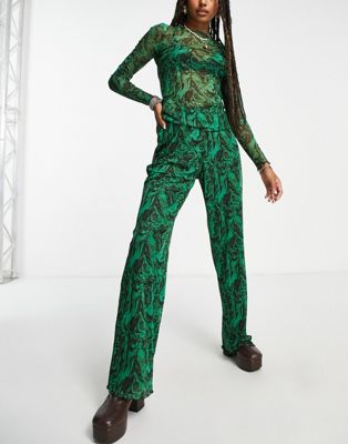 JJXX high waisted mesh wide leg trousers co-ord in green graphic print - ASOS Price Checker