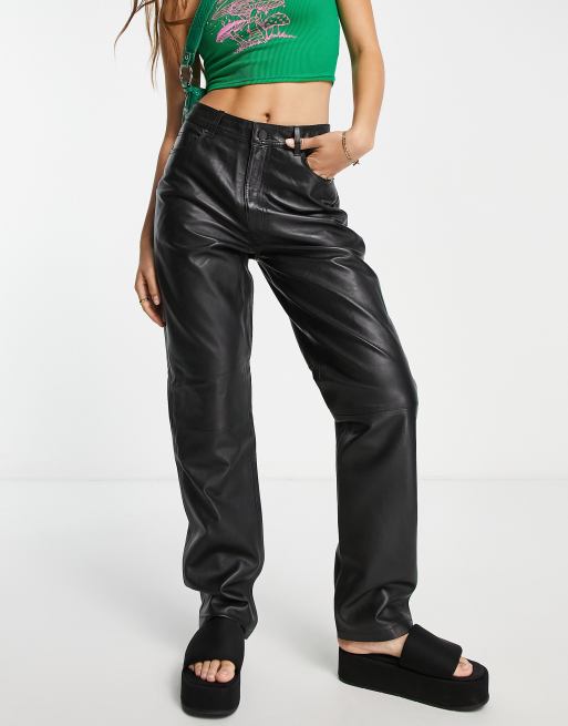 Pantalon droit en cuir hot sale