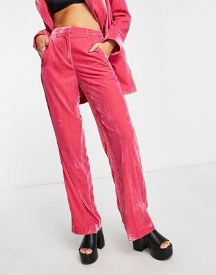 JJXX velvet high waisted wide leg trousers in bright pink - ASOS Price Checker