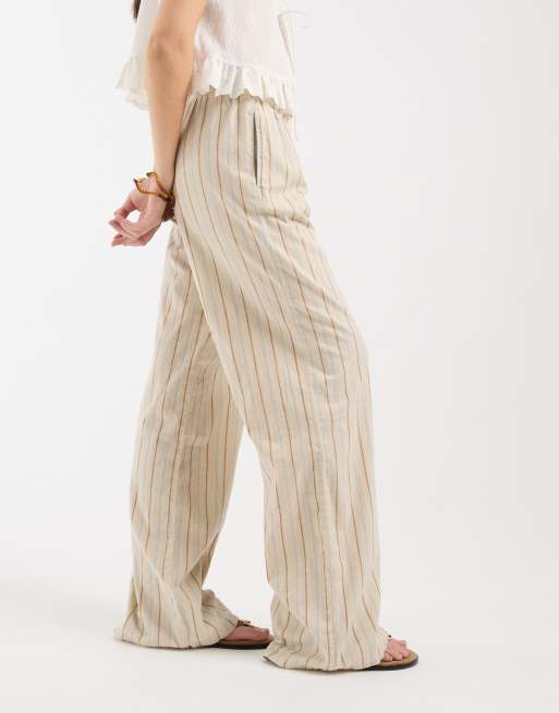 JJXX - Pantaloni ampi in misto lino beige a righe, 2 di 5