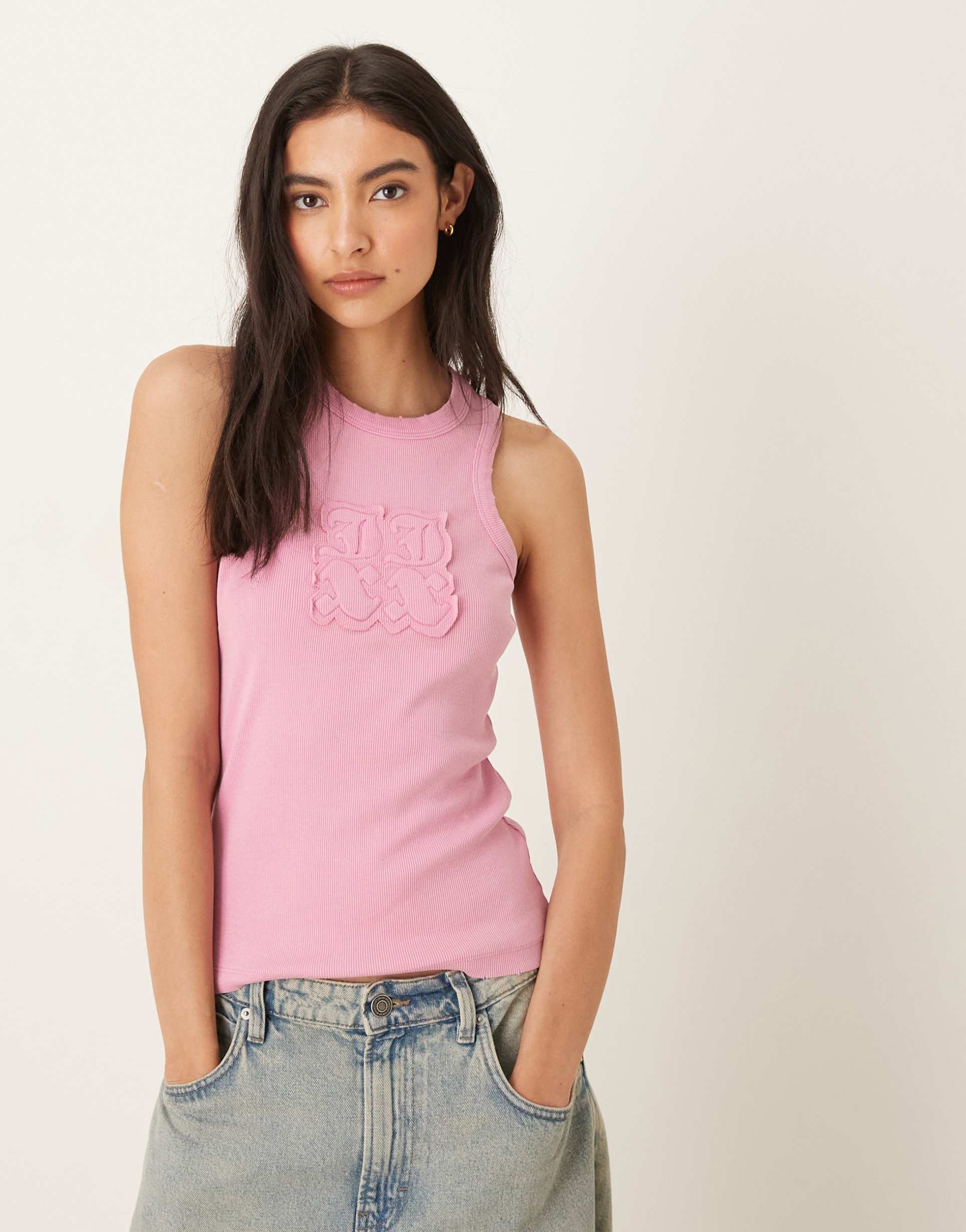 jjxx patch ribbed tank top in pink