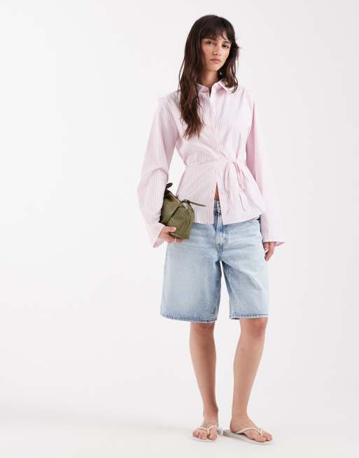 JJXX - Pink langærmet skjorte i poplin med bindebåndsdetalje og striber, 3 af 4