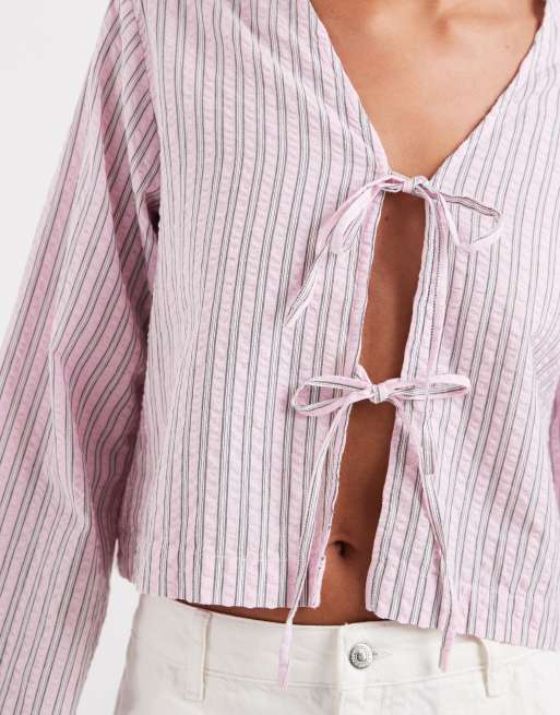 JJXX - Pink top med bindebånd foran og striber, 4 af 4