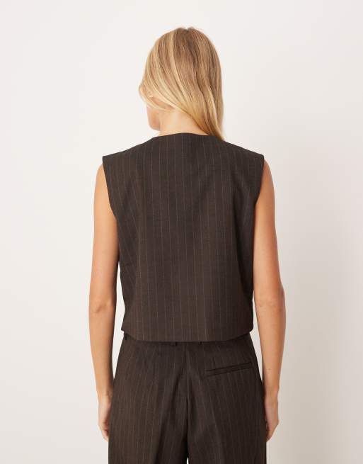 JJXX pinstripe co ord waistcoat in brown, 4 of 4