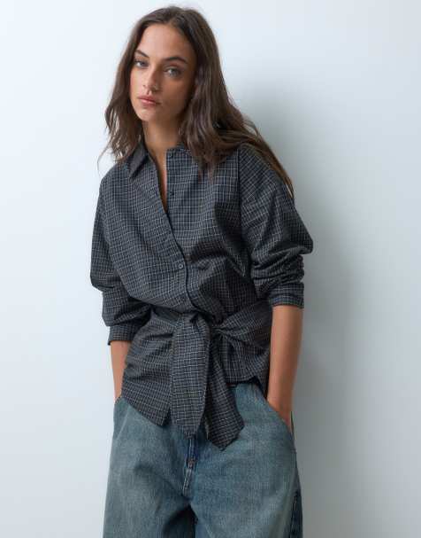 JJXX poplin overhemd met overslag- en strikdetail in bruine ruit - view 1