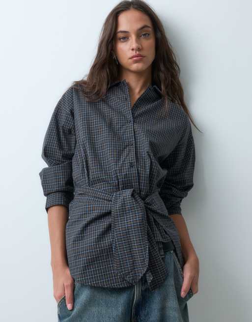 JJXX poplin shirt with wrap tie detail in brown check, 4 of 5