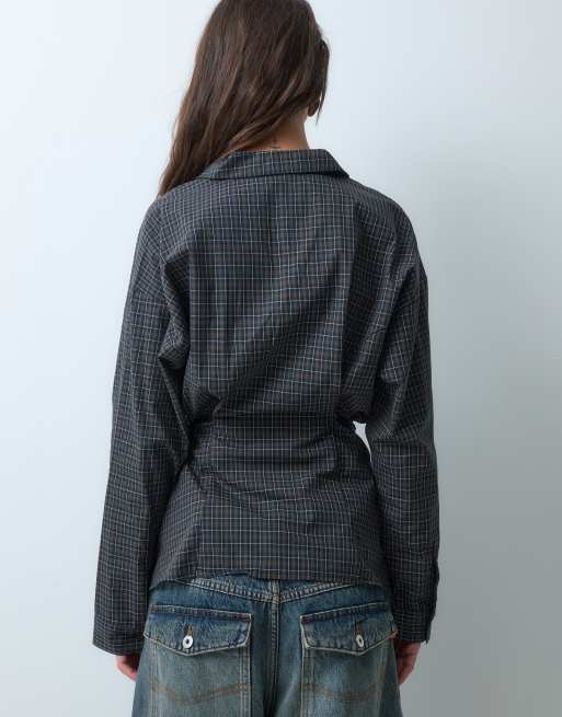 JJXX poplin shirt with wrap tie detail in brown check, 5 of 5