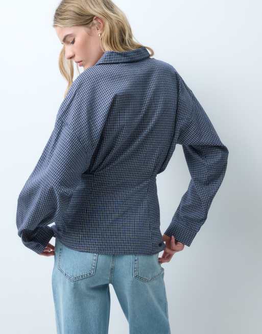 JJXX poplin wrap shirt with check in navy, 2 of 4