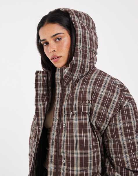 JJXX puffer jacket in burgundy check - view 1