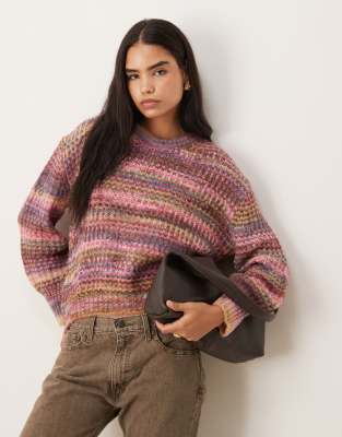 JJXX - Pull oversize teint par section en maille - Bordeaux multicolore-Rouge