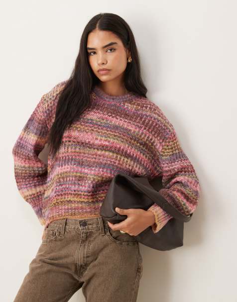 JJXX - Pull oversize teint par section en maille - Bordeaux multicolore  - view 1