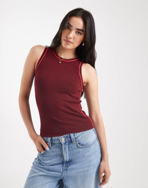 JJXX racer knit vest top with seam detail in burgundy - view 1