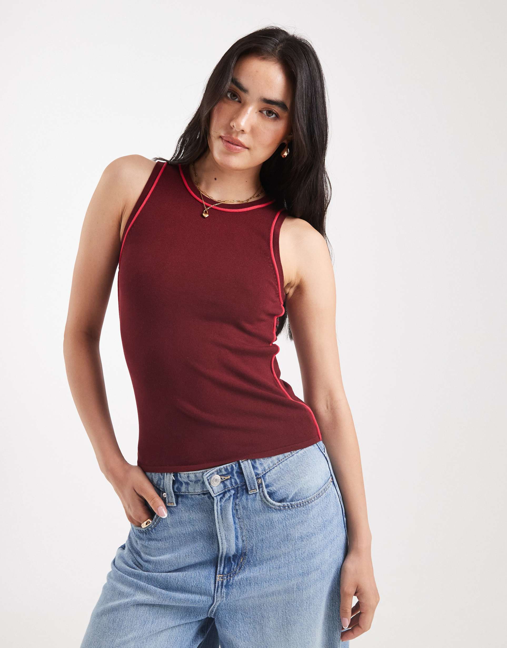 jjxx racer neck knit tank top with seam detailing in burgundy