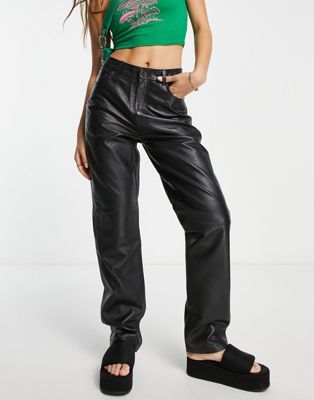 JJXX real leather straight leg trousers in black