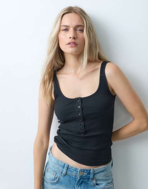 JJXX rib henley tank top in black - view 1