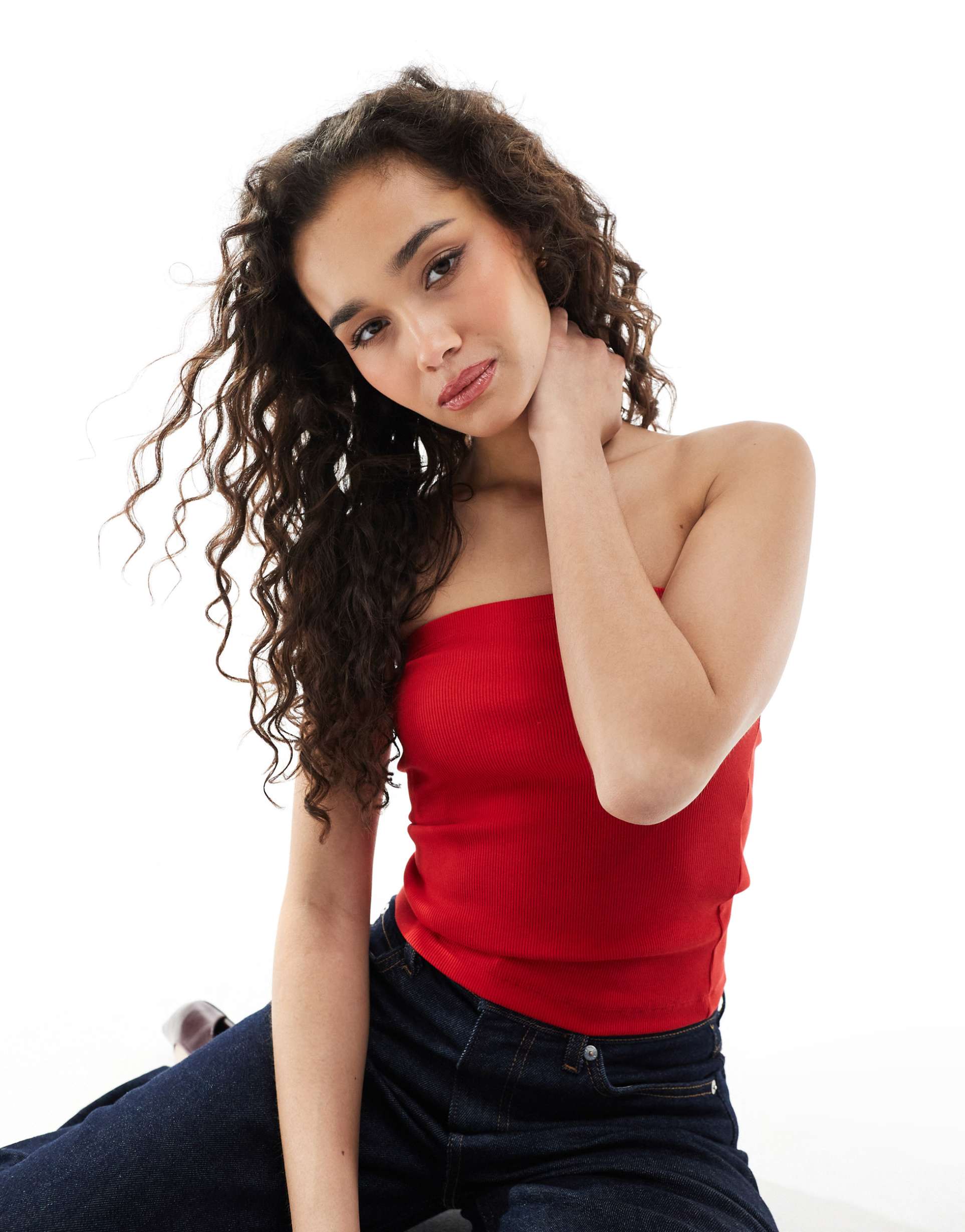 jjxx ribbed bandeau top in red