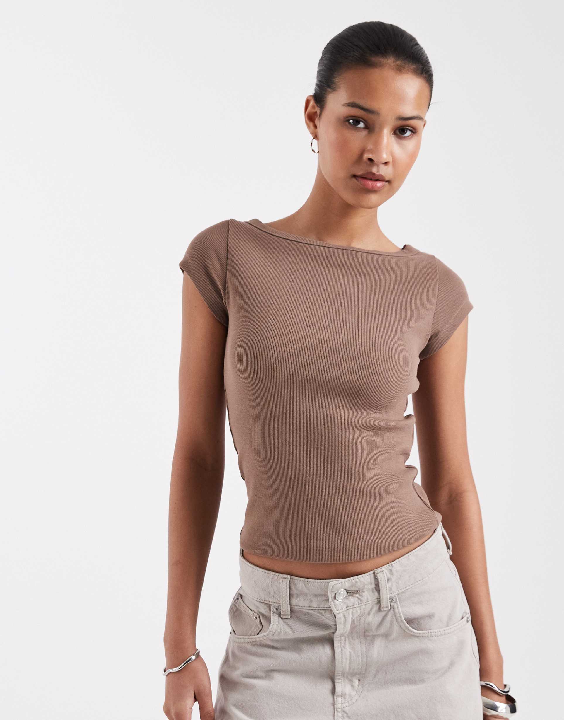 jjxx ribbed boat neck tee in beige