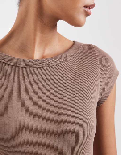 JJXX ribbed boat neck tee in beige, 3 of 4