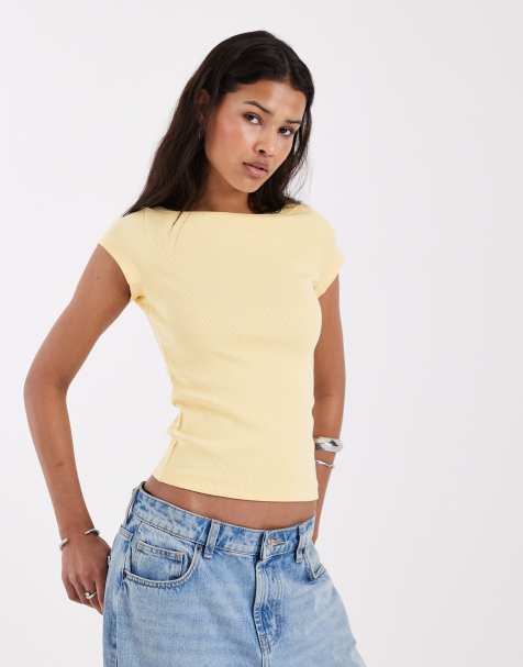 JJXX ribbed boat neck tee in butter yellow - view 1