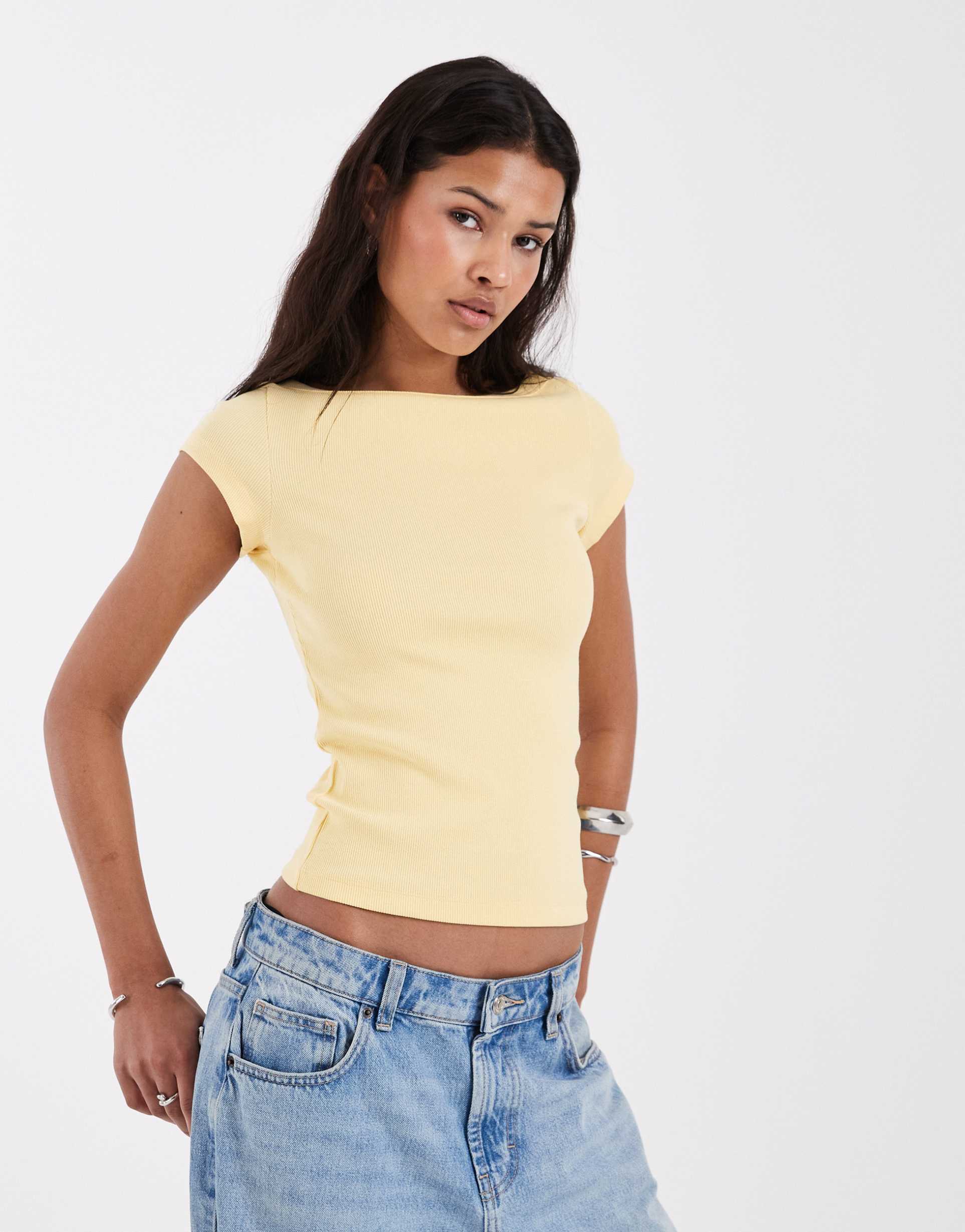 jjxx ribbed boat neck tee in butter yellow
