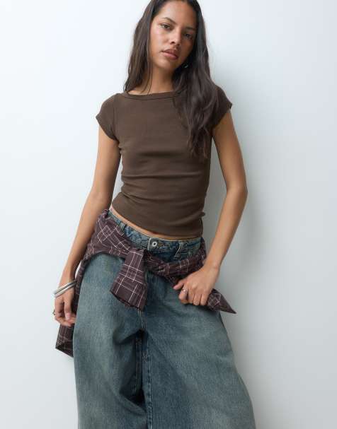 JJXX ribbed boat neck tee in dark brown
