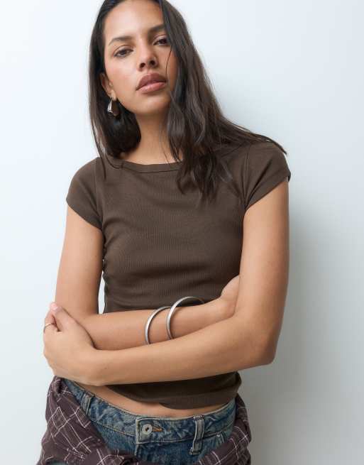 JJXX ribbed boat neck tee in dark brown, 3 of 5