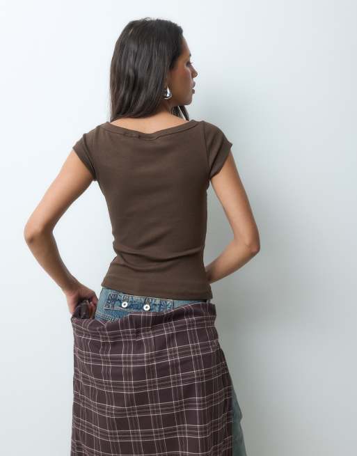 JJXX ribbed boat neck tee in dark brown, 4 of 5