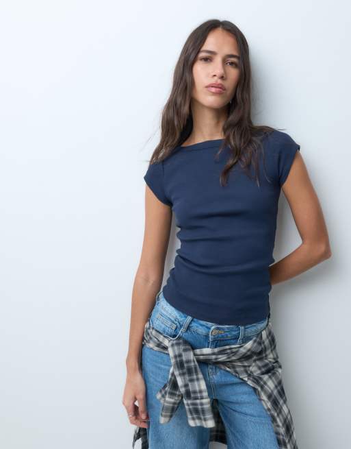 JJXX ribbed boat neck tee in navy, 4 of 4