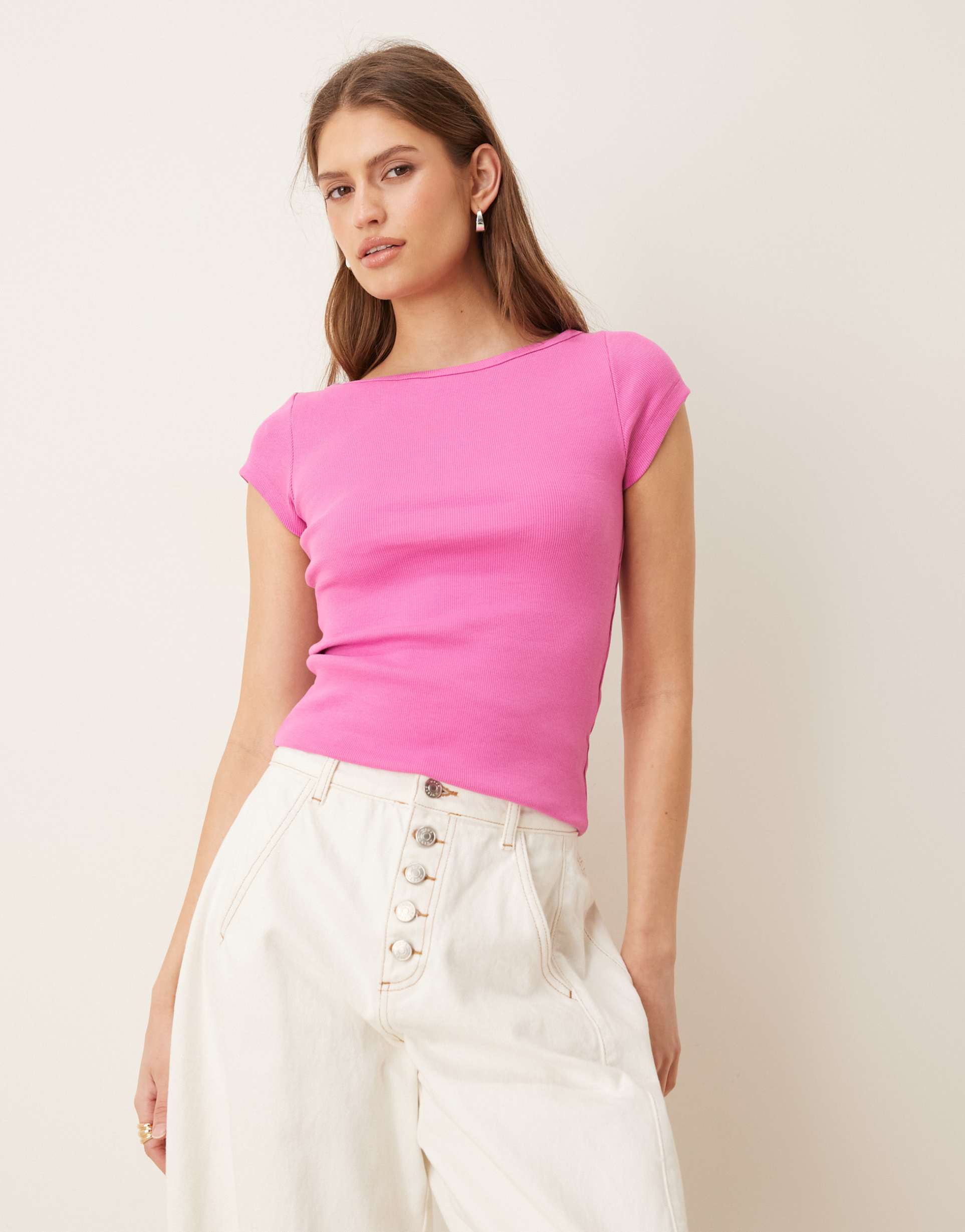 jjxx ribbed boat neck tee in pink