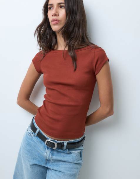 JJXX ribbed boat neck tee in russet red