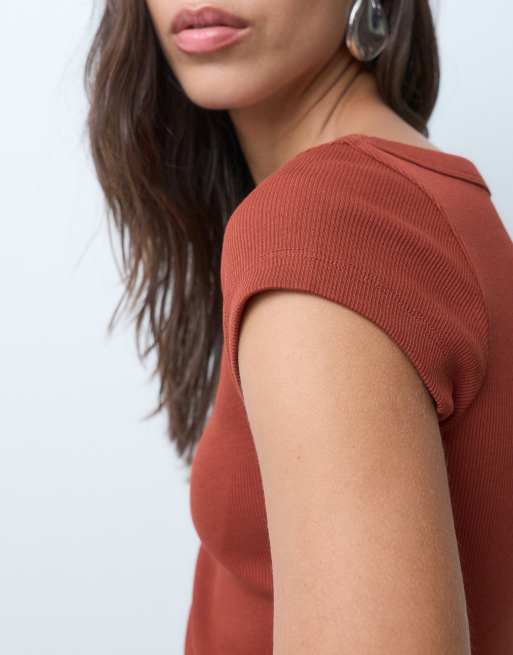 JJXX ribbed boat neck tee in russet red, 2 of 4