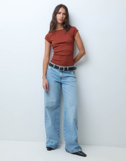 JJXX ribbed boat neck tee in russet red, 3 of 4