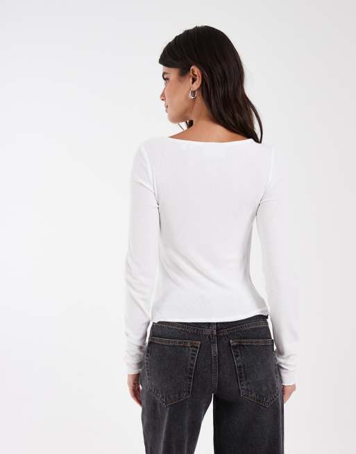 JJXX ribbed long sleeve tie front top in white, 4 of 4