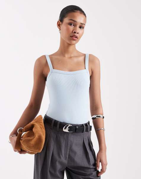 JJXX ribbed square neck singlet in blue - view 1