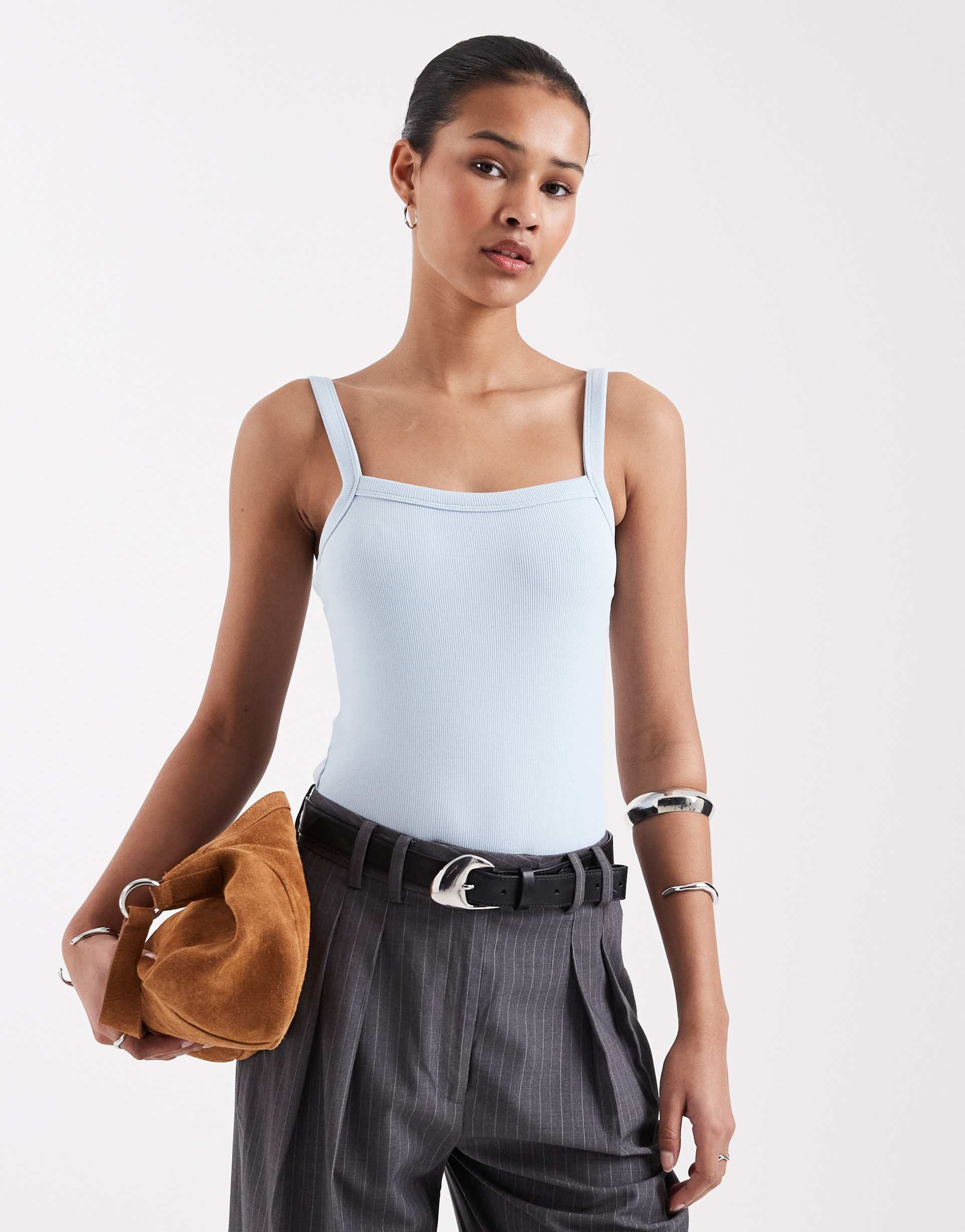 jjxx ribbed square neck tank top in blue