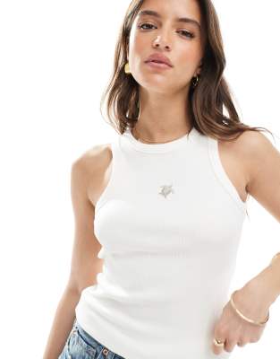 ribbed tank top in off white with turtle embroidery