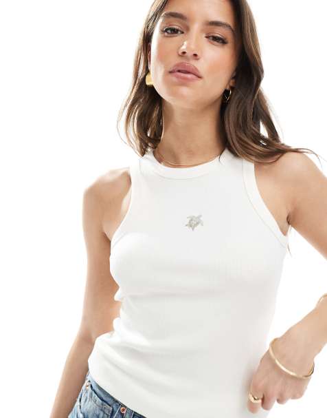 JJXX ribbed tank top in off white with turtle embroidery - view 1