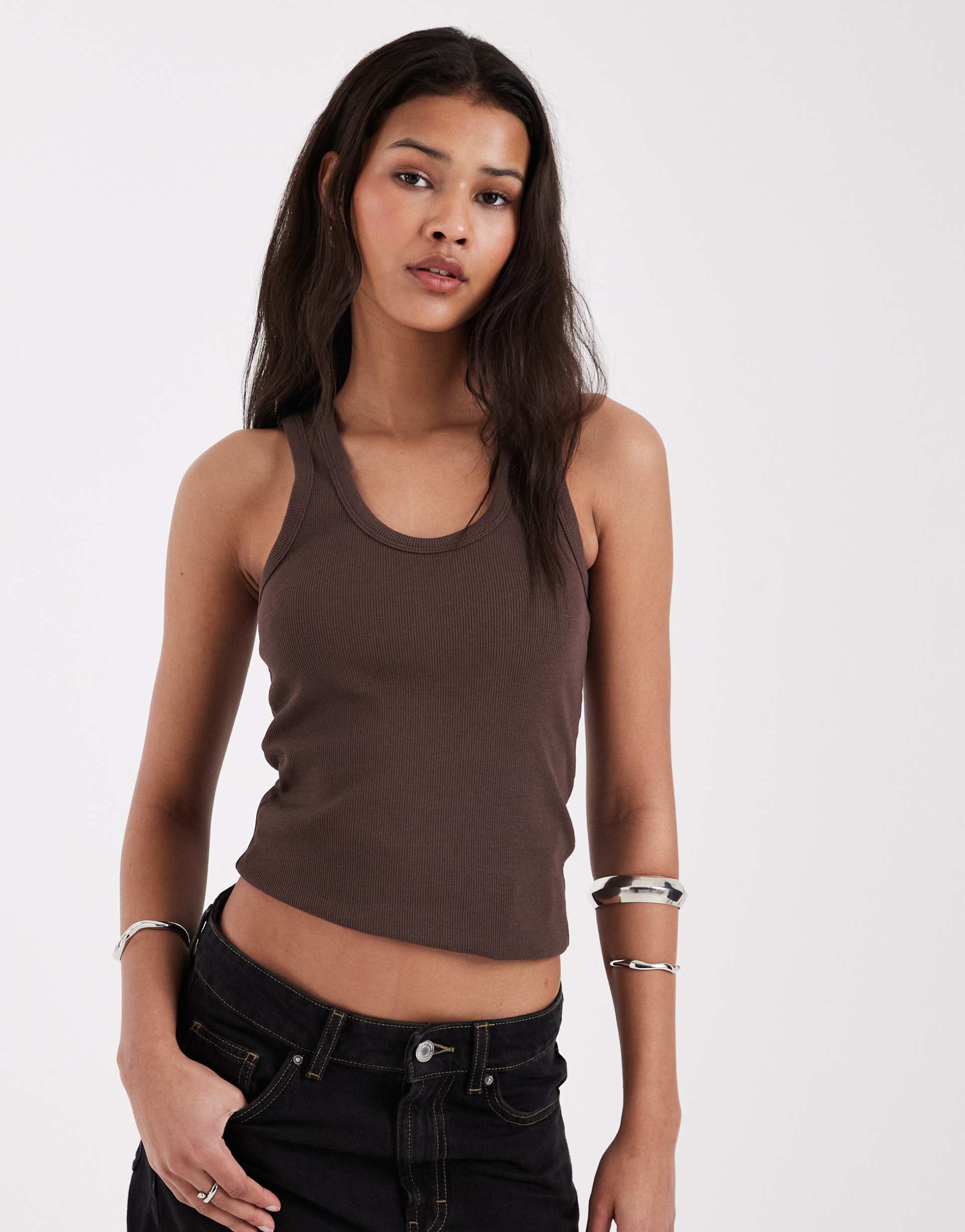 jjxx ribbed tank top with scoop neck in brown