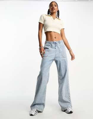 JJXX ribbed v neck cropped polo top in cream | ASOS