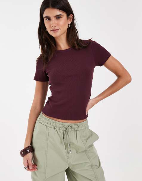 JJXX ribstrikket T-shirt i dyb burgundy - view 1