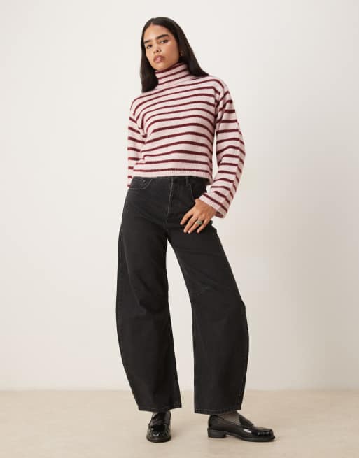 JJXX roll neck knit sweater with stripes in burgundy , 2 of 4