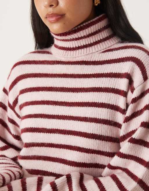 JJXX roll neck knit sweater with stripes in burgundy , 3 of 4