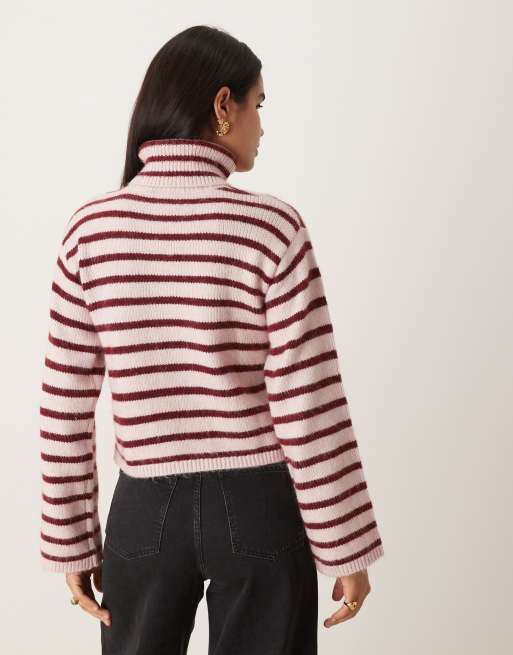JJXX roll neck knit sweater with stripes in burgundy , 4 of 4