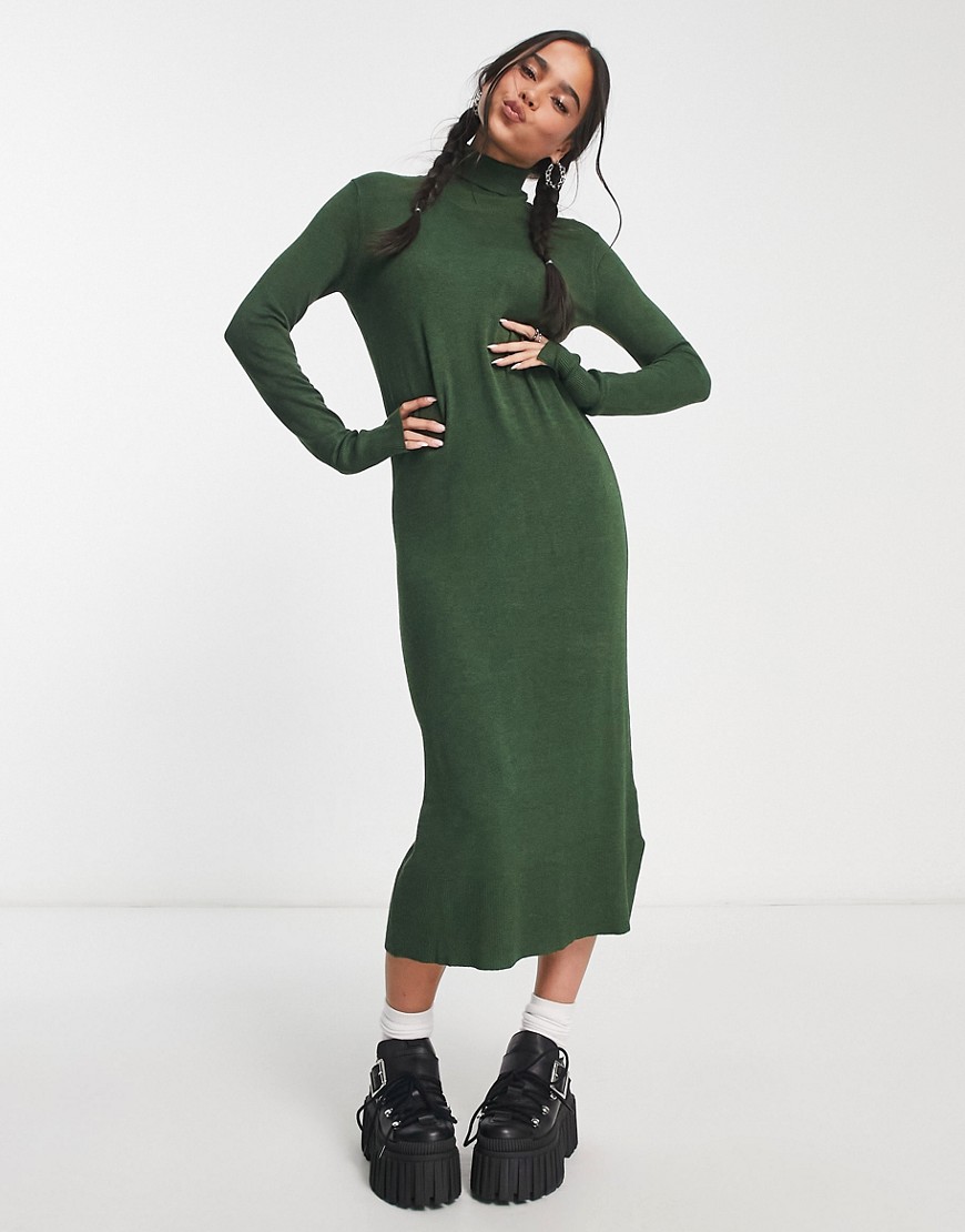 JJXX roll neck maxi jumper dress in khaki-Green