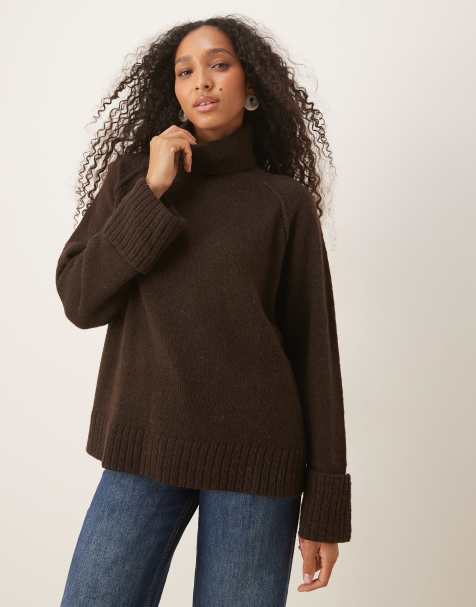 JJXX roll neck oversized jumper in brown - view 1