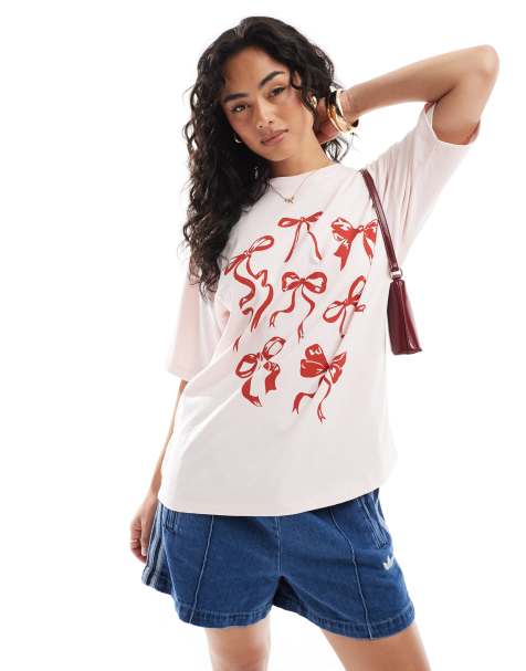 JJXX – Rosa t-shirt i oversize med röd rosett - view 1