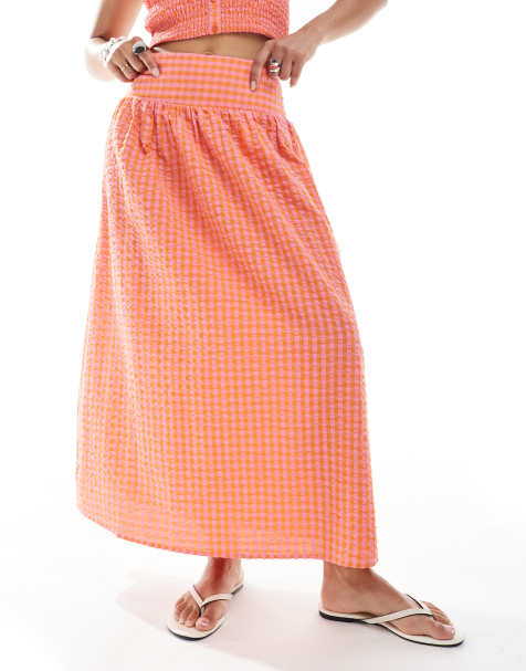 JJXX co-ord long gingham skirt in pink orange check