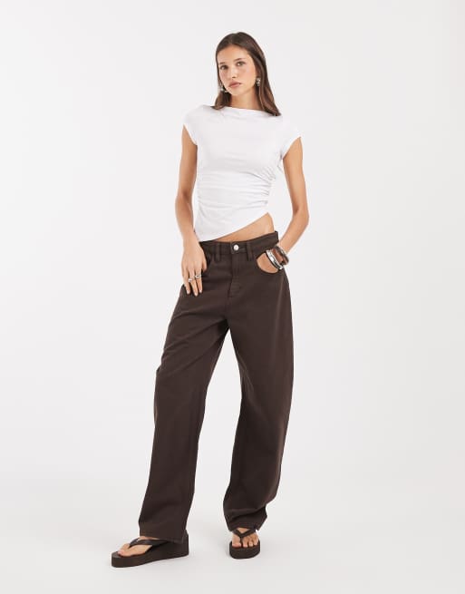 JJXX ruched boatneck top with asymmetric hem in white, 3 of 4