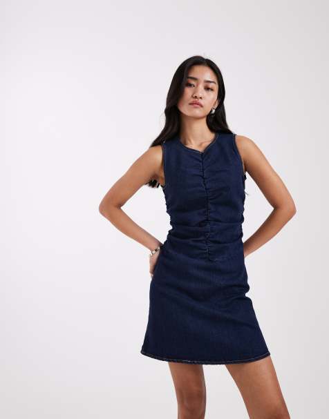 JJXX ruched denim mini dress in dark blue wash - view 1