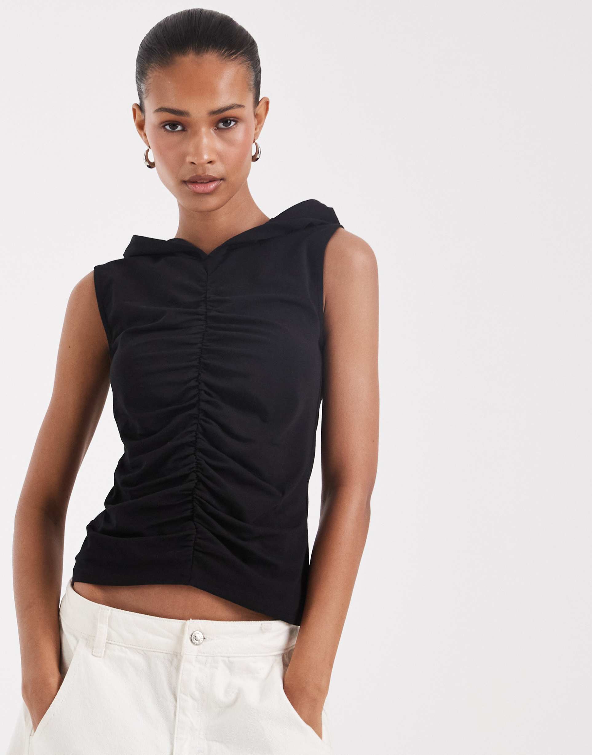 jjxx ruched hooded tank top in black